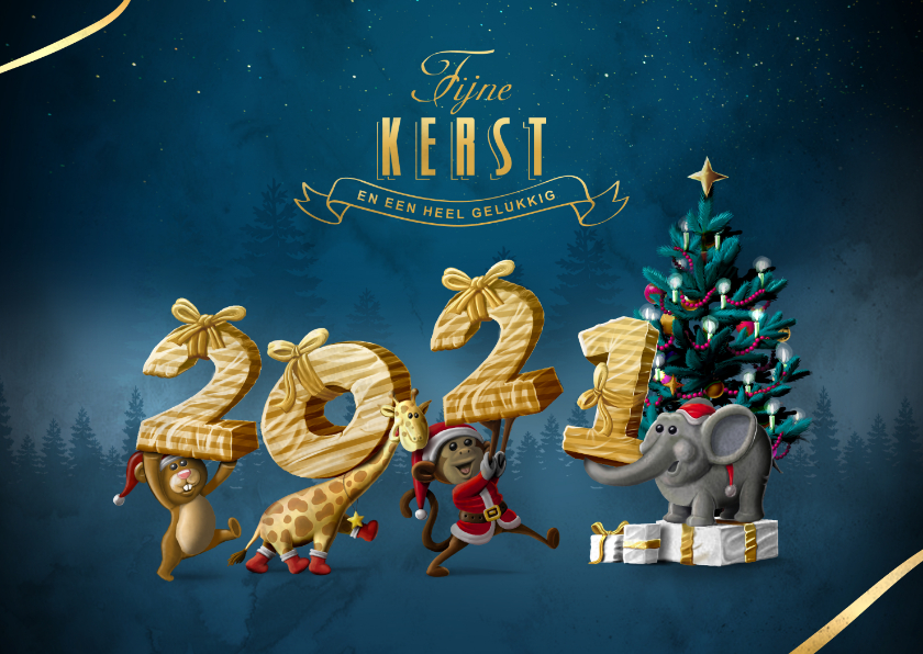 Diertjes met 2021 als cadeautjes - Kerstkaarten Kerstkaarten - Diertjes met 2021 als cadeautjes