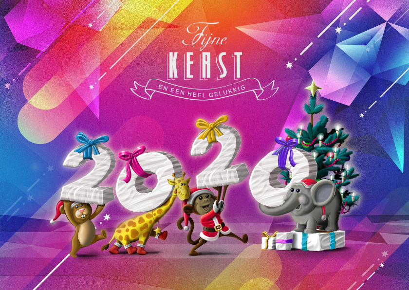 Diertjes met jaartal trendy kleuren - Kerstkaarten Kerstkaarten - Diertjes met jaartal trendy kleuren