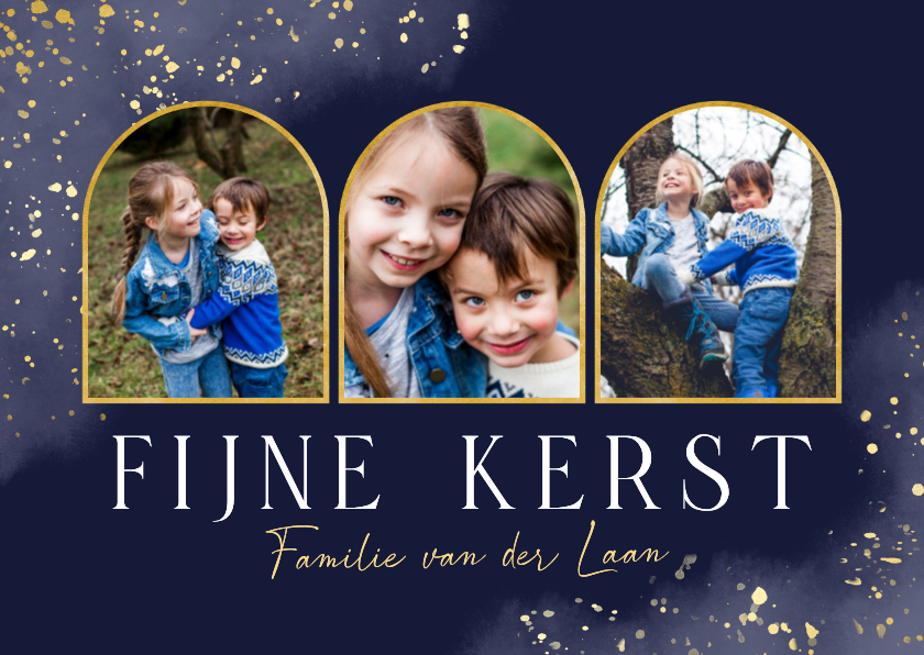 Kerstkaarten - Donkerblauwe waterverf kerstkaart met fotocollage