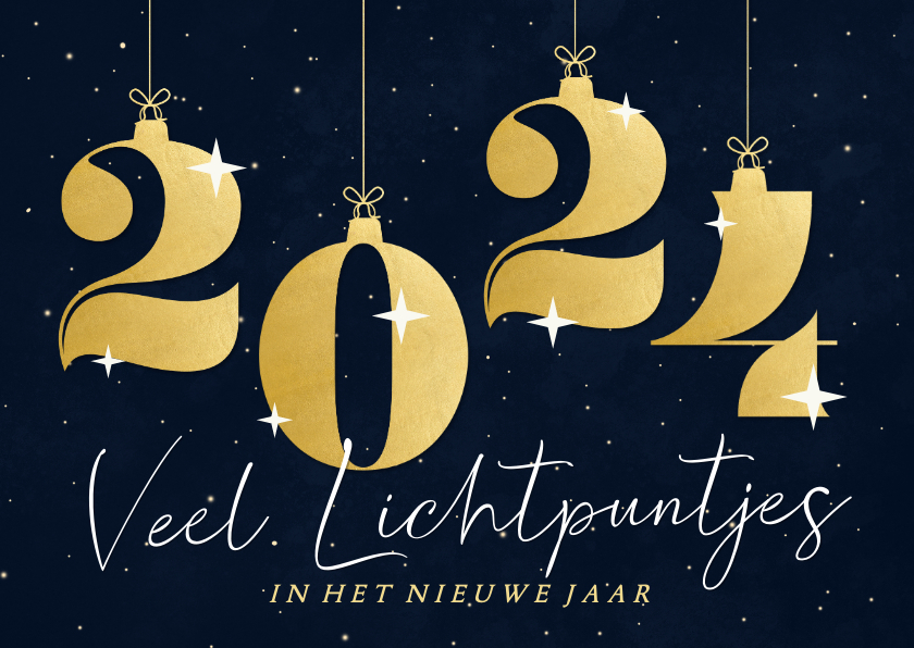 Kerstkaarten - Donkere kerstkaart met 2024 in kerstballen lichtpuntjes