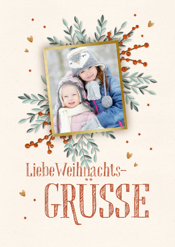 Kerstkaarten - Duitse Kerstkaart met een foto op takken