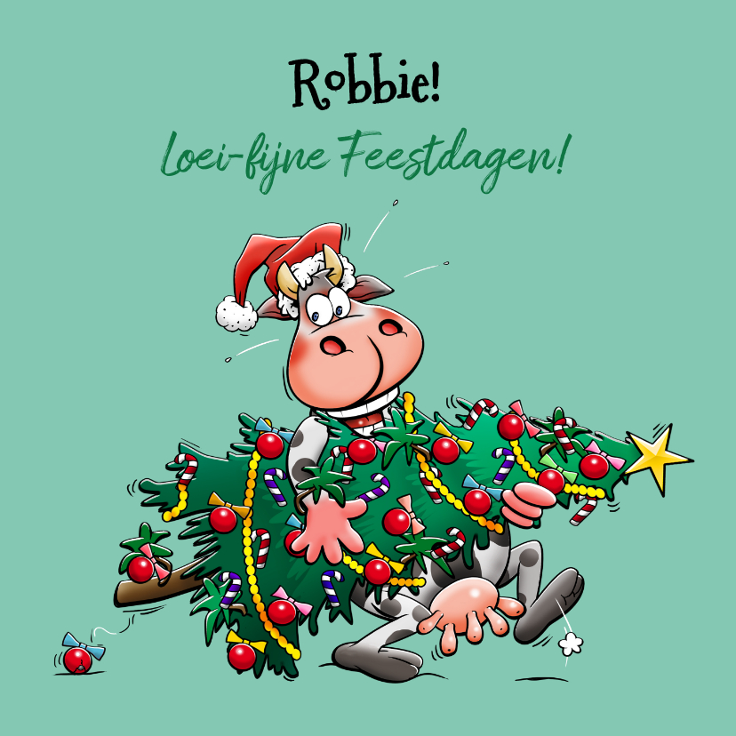 Kerstkaarten - Een grappige kerstkaart met koe en kerstboom