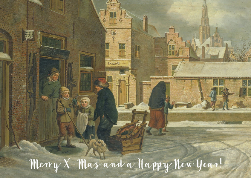Een klassieke kerstkaart met schilderij van stadsgezicht - Kerstkaarten Kerstkaarten - Een klassieke kerstkaart met schilderij van stadsgezicht