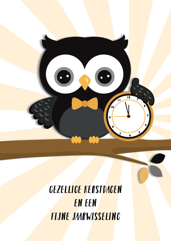 Feestdagen uil met klok-geel - Kerstkaarten Kerstkaarten - Feestdagen uil met klok-geel