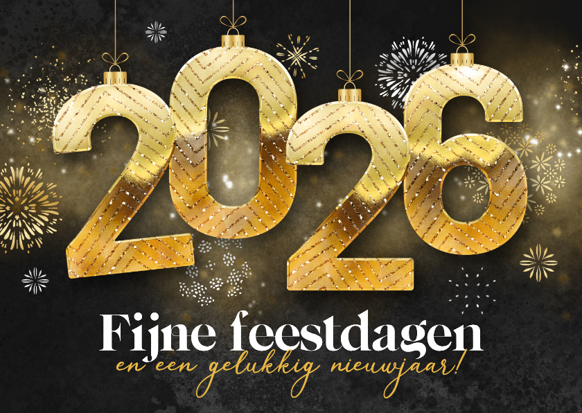 Kerstkaarten - Flitsende kerstkaart 2026 vuurwerk kerstballen goud