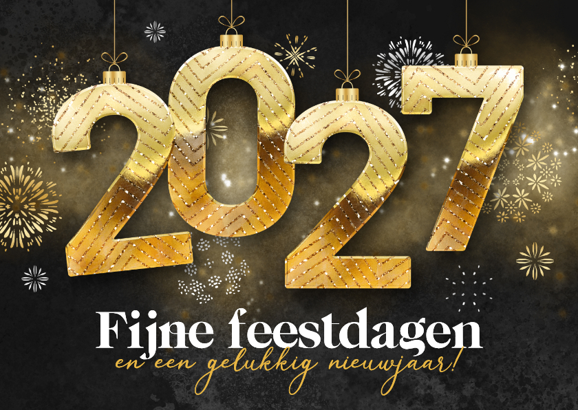 Flitsende kerstkaart 2027 vuurwerk kerstballen goud - Kerstkaarten Kerstkaarten - Flitsende kerstkaart 2027 vuurwerk kerstballen goud