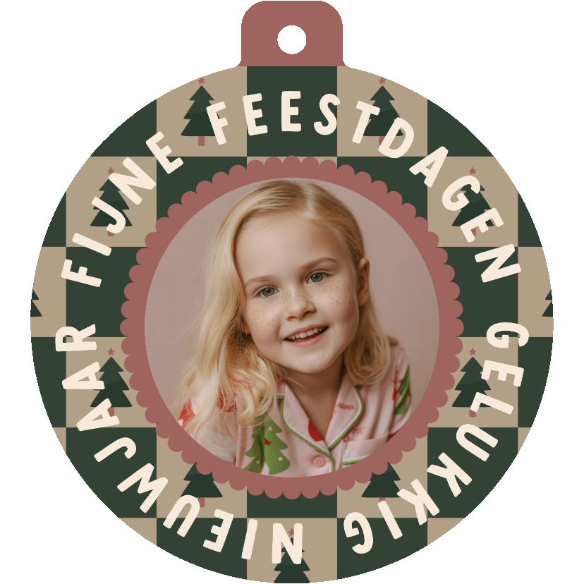 Kerstkaarten - Foto kerstbalvorm kaart blokjespatroon kerstboompjes