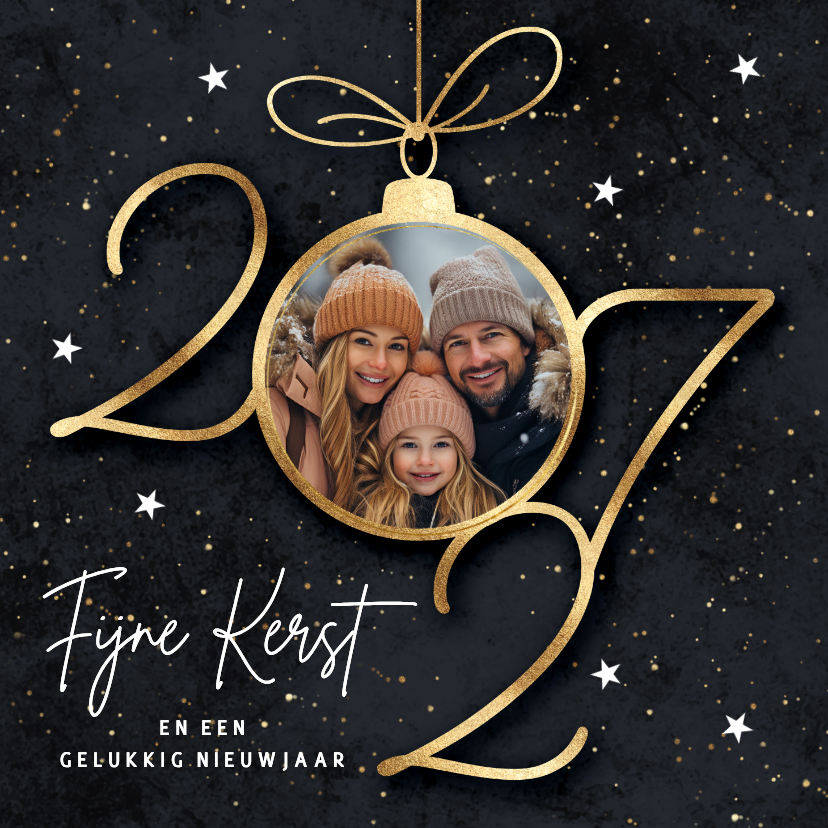 Foto kerstkaart 2027 gouden kerstbal sterren - Kerstkaarten Kerstkaarten - Foto kerstkaart 2027 gouden kerstbal sterren