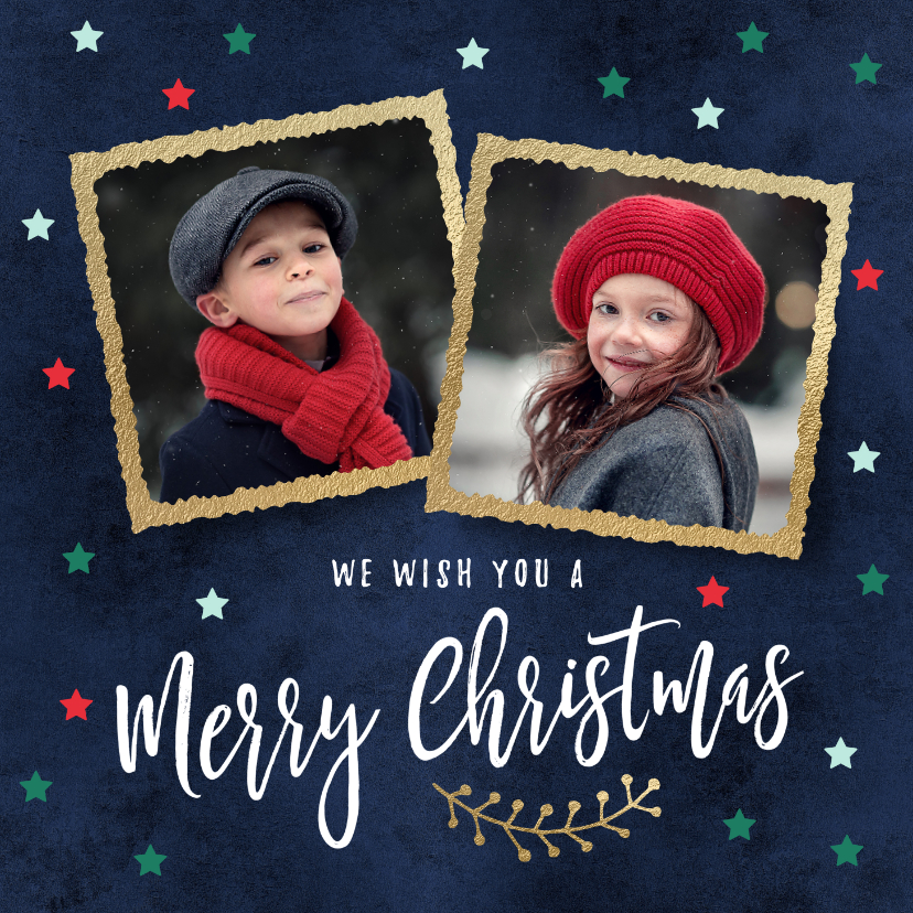 Foto kerstkaart gouden kaders twee fotos Kaartje2go