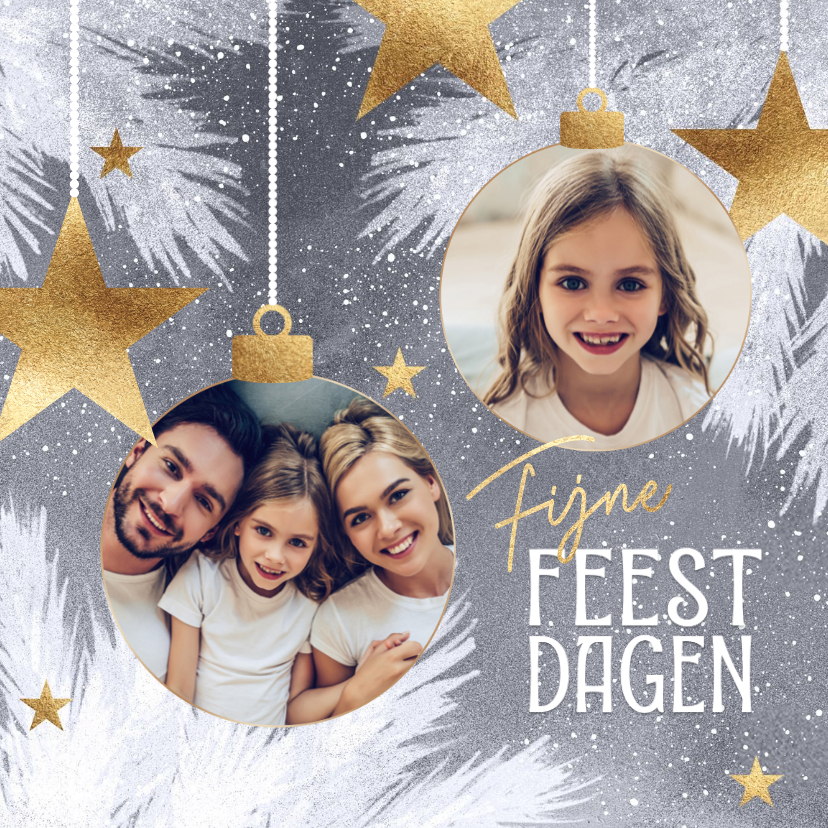 Kerstkaarten - Foto kerstkaart kerstballen sneeuw kerst takken