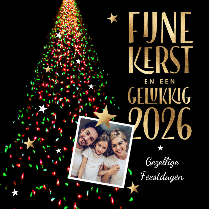 Foto kerstkaart kerstboom lichtjes rood en groen 2026 foto - Kerstkaarten Kerstkaarten - Foto kerstkaart kerstboom lichtjes rood en groen 2026 foto