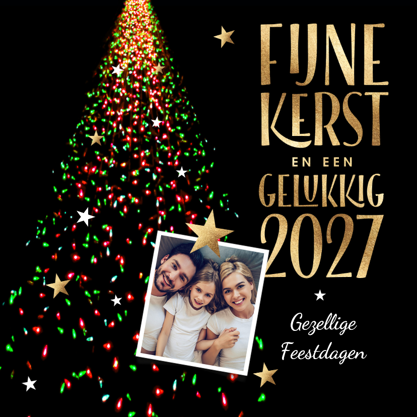 Kerstkaarten - Foto kerstkaart kerstboom lichtjes rood en groen 2027 foto