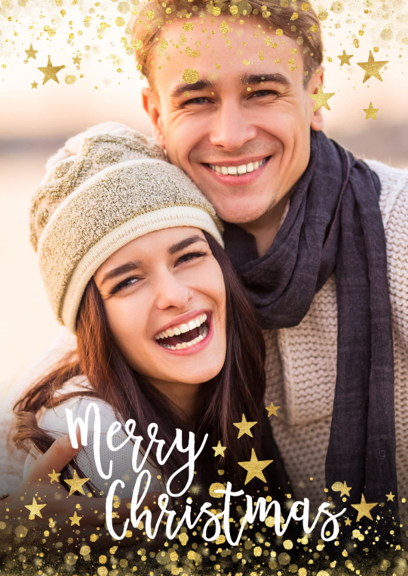 Foto kerstkaart met gouden confetti en typografie - Kerstkaarten Kerstkaarten - Foto kerstkaart met gouden confetti en typografie