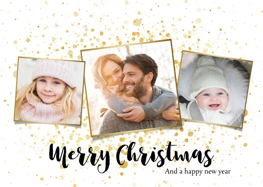 Foto kerstkaart met gouden spetters en typografie - Kerstkaarten Kerstkaarten - Foto kerstkaart met gouden spetters en typografie