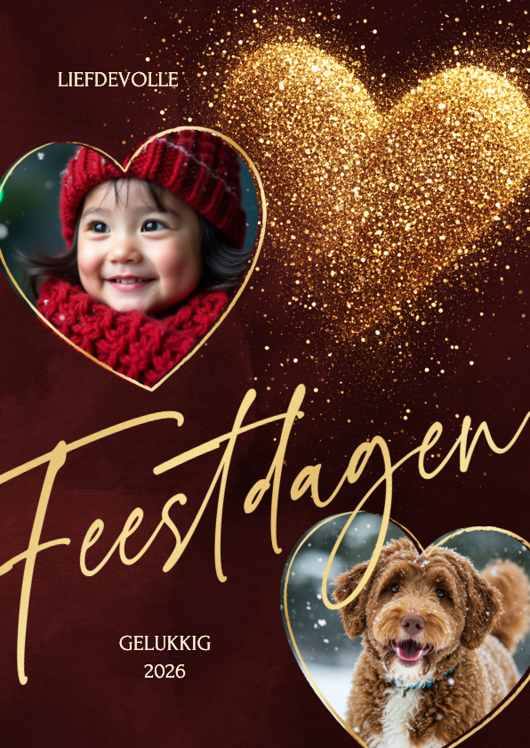 Kerstkaarten - Foto kerstkaart met sprankelend hart van glitters