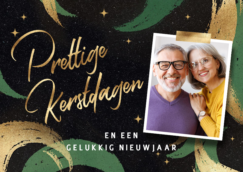 Foto kerstkaart met vrolijke verfstrepen in groen en goud - Kerstkaarten Kerstkaarten - Foto kerstkaart met vrolijke verfstrepen in groen en goud