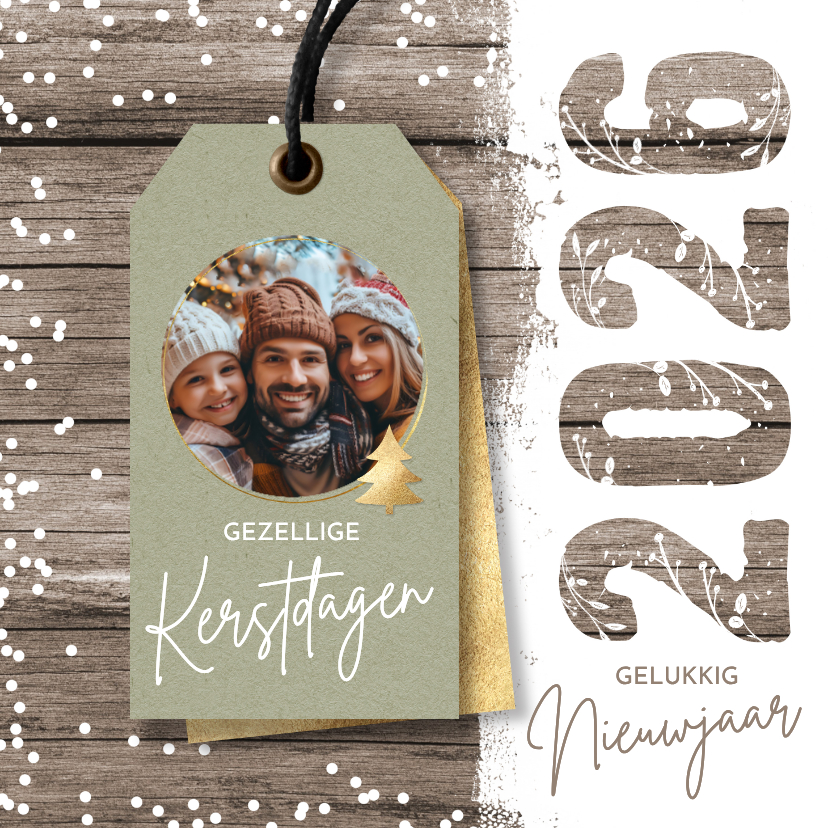 Kerstkaarten - Foto kerstkaart vrolijke label op hout