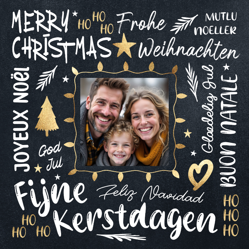 Foto kerstkaart zwart goud 2026 verschillende talen - Kerstkaarten Kerstkaarten - Foto kerstkaart zwart goud 2026 verschillende talen