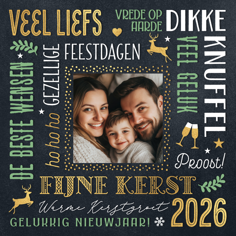 Kerstkaarten - Foto kerstkaartje kerst wensen 2026 in groen en goud