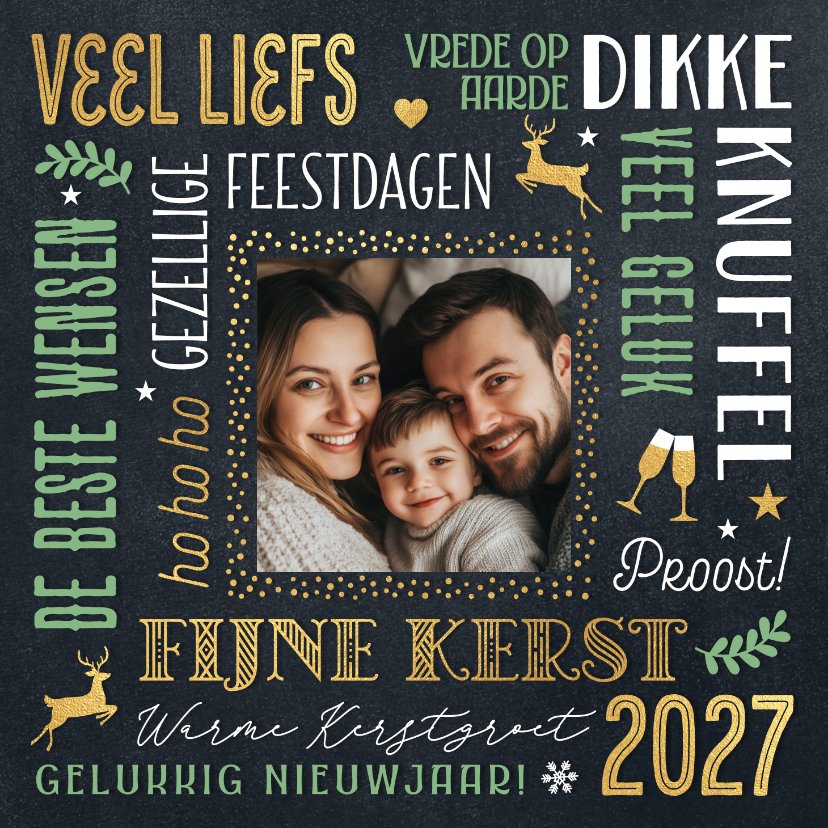 Foto kerstkaartje kerstwensen 2027 in groen en goud - Kerstkaarten Kerstkaarten - Foto kerstkaartje kerstwensen 2027 in groen en goud