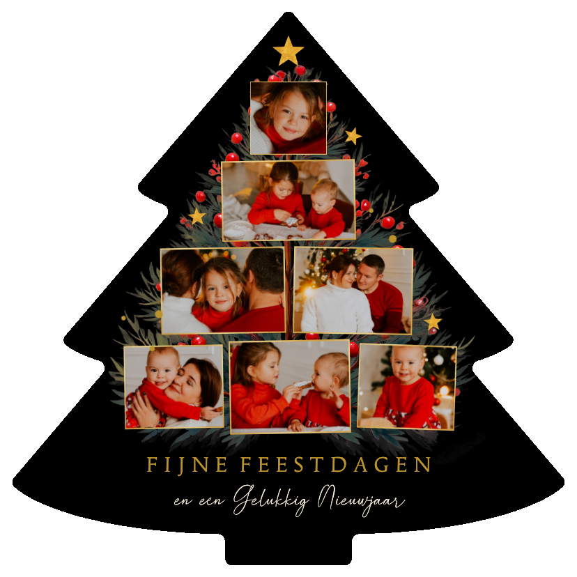 Kerstkaarten - Fotocollage kerstboomvorm met takjes en sterren