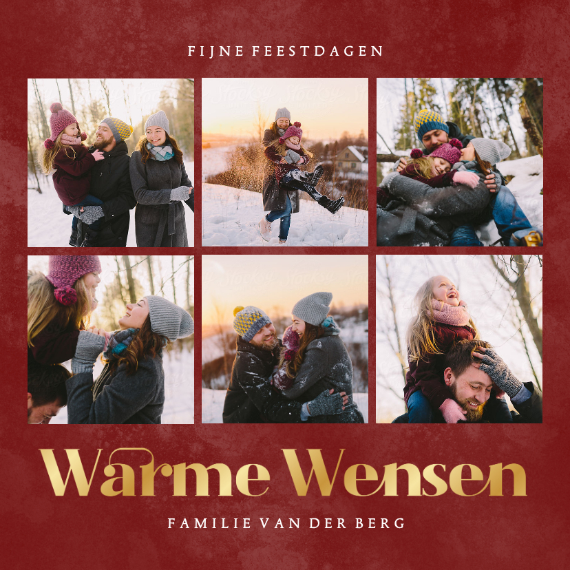 Fotocollage kerstkaart in rood warme wensen met goudfolie - Kerstkaarten Kerstkaarten - Fotocollage kerstkaart in rood warme wensen met goudfolie