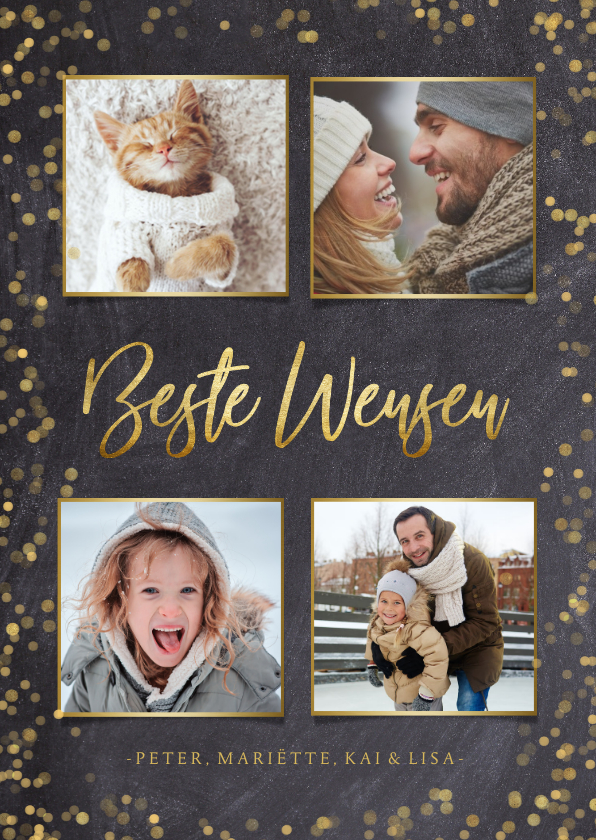 Fotocollage kerstkaart krijtbord met goudlook kader - Kerstkaarten Kerstkaarten - Fotocollage kerstkaart krijtbord met goudlook kader