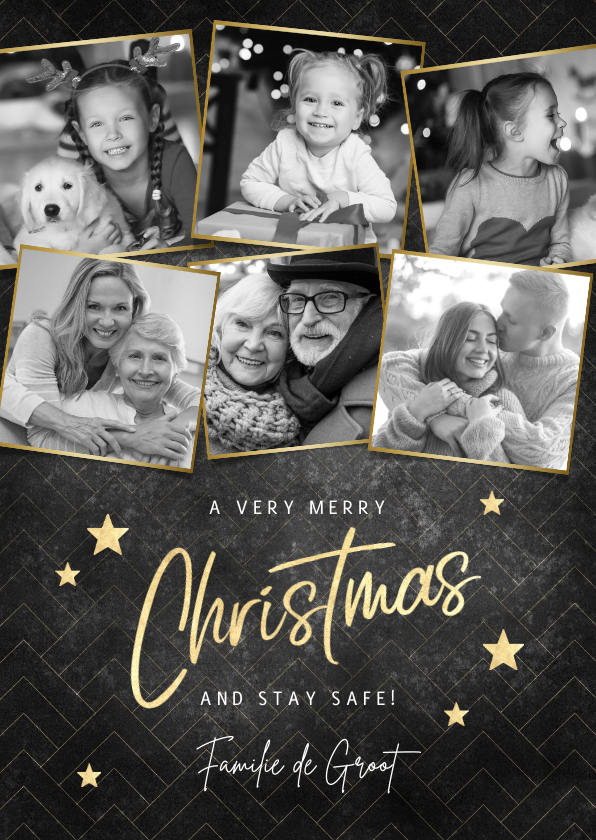 Fotocollage kerstkaart merry christmas met gouden sterren - Kerstkaarten Kerstkaarten - Fotocollage kerstkaart merry christmas met gouden sterren