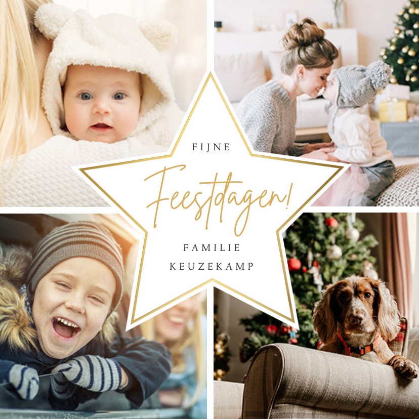 Fotocollage kerstkaart met 4 eigen foto's en gouden ster - Kerstkaarten Kerstkaarten - Fotocollage kerstkaart met 4 eigen foto's en gouden ster