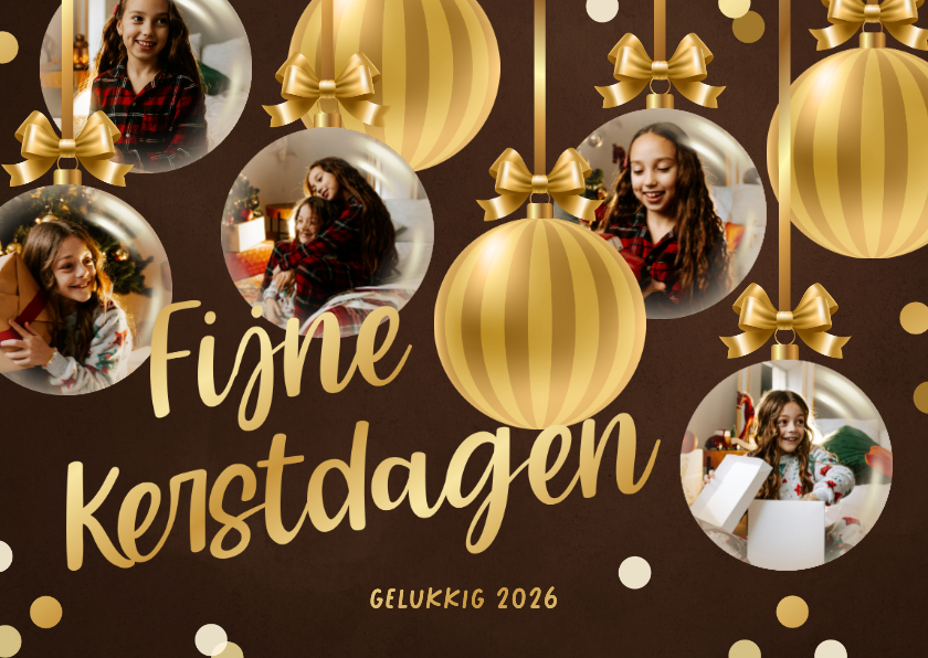 Fotocollage kerstkaart met gouden kerstballen en confetti - Kerstkaarten Kerstkaarten - Fotocollage kerstkaart met gouden kerstballen en confetti