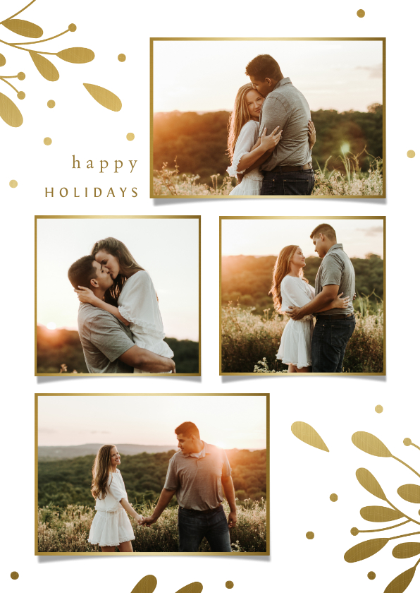 Fotocollage kerstkaart met gouden takjes en besjes - Kerstkaarten Kerstkaarten - Fotocollage kerstkaart met gouden takjes en besjes