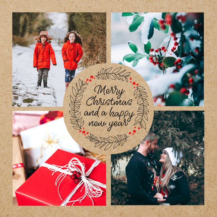 Fotocollage kerstkaart met kerstgroet en kraft - Kerstkaarten Kerstkaarten - Fotocollage kerstkaart met kerstgroet en kraft