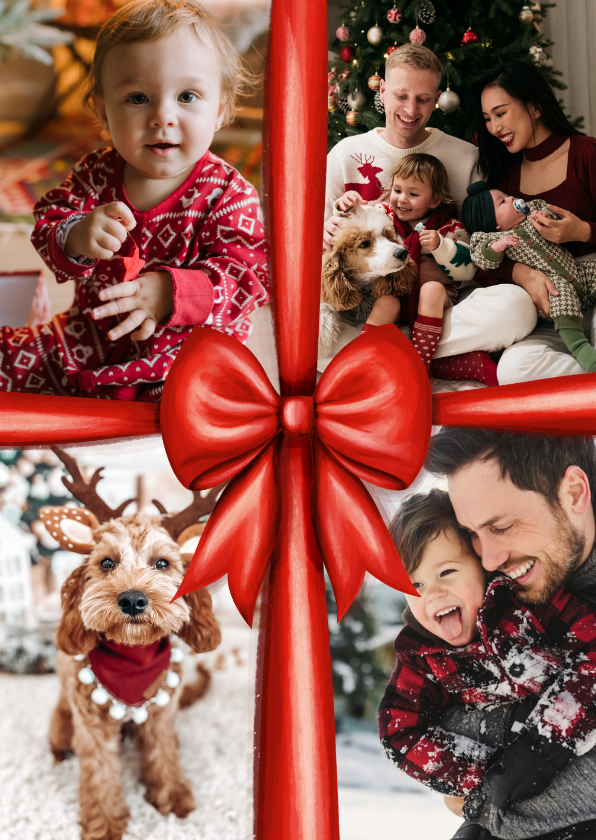 Fotocollage kerstkaart met rode strik - Kerstkaarten Kerstkaarten - Fotocollage kerstkaart met rode strik