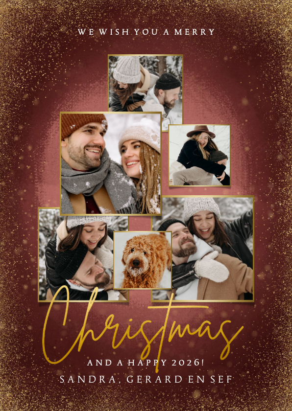 Fotocollage kerstkaart rood, gouden spetters Merry Christmas - Kerstkaarten Kerstkaarten - Fotocollage kerstkaart rood, gouden spetters Merry Christmas