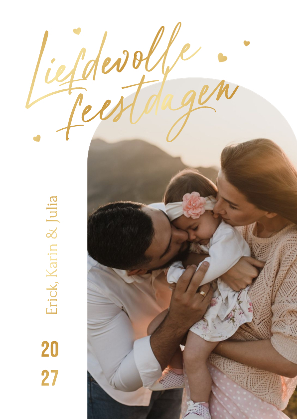 Fotokaart kerst liefdevolle feestdagen hartjes goud foto - Kerstkaarten Kerstkaarten - Fotokaart kerst liefdevolle feestdagen hartjes goud foto