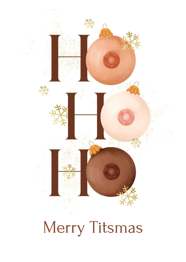 Kerstkaarten - Foute kerstkaart ho ho ho tieten tits sneeuw goud