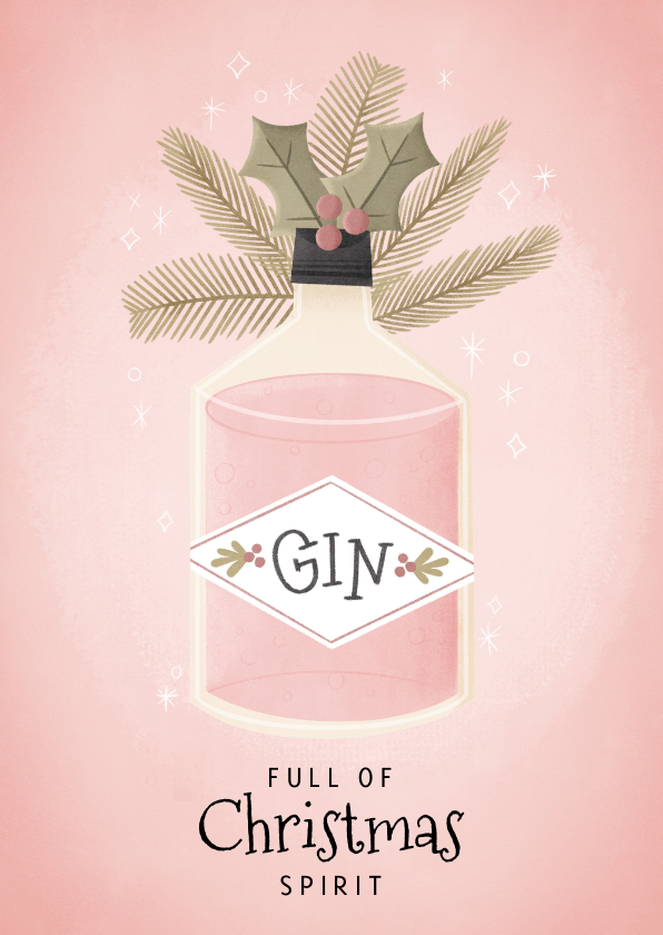 Funky kerstkaart Full of Christmas spirit Gin-fles en takjes - Kerstkaarten Kerstkaarten - Funky kerstkaart Full of Christmas spirit Gin-fles en takjes