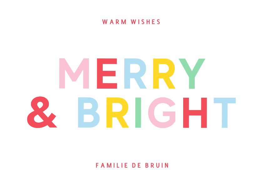 Kerstkaarten - Gekleurde kerstkaart Merry and Bright in opvallende letters