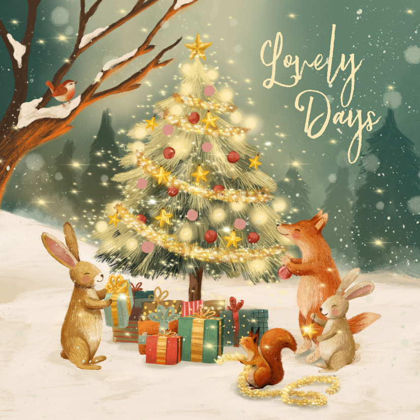 Gezellige en liefdevolle kerstkaart met dieren en kerstboom - Kerstkaarten Kerstkaarten - Gezellige en liefdevolle kerstkaart met dieren en kerstboom