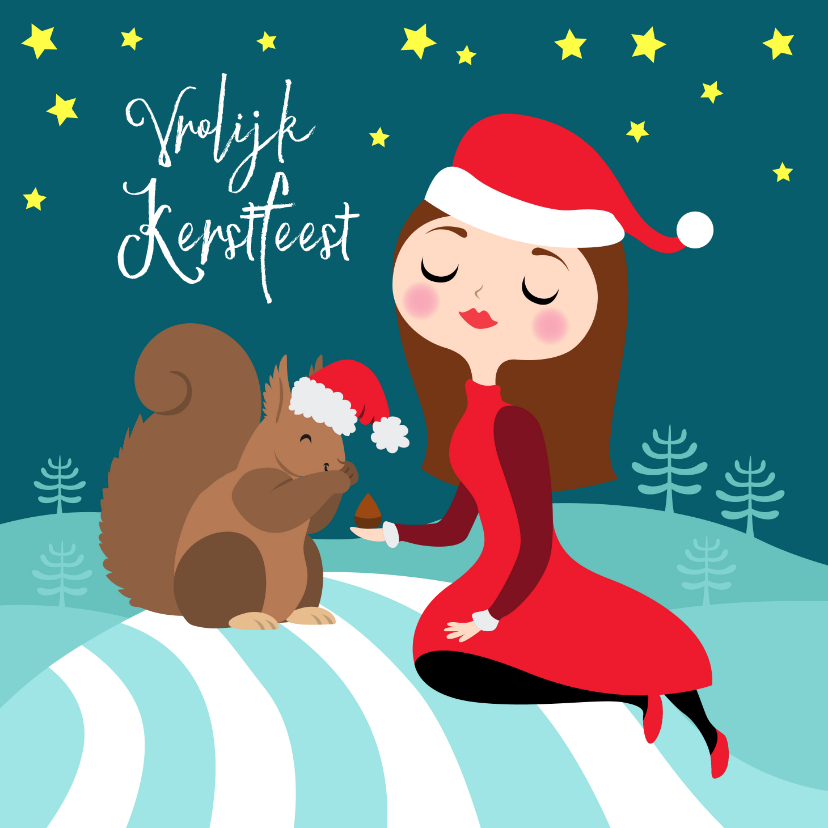 Gezellige kerstkaart met meisje en eekhoorn - Kerstkaarten Kerstkaarten - Gezellige kerstkaart met meisje en eekhoorn