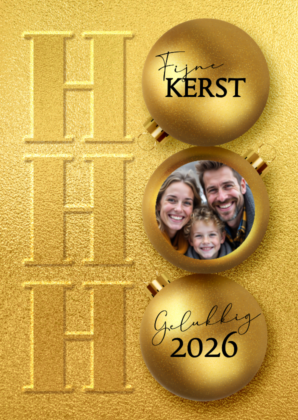 Gouden kerstkaart Ho Ho Ho met foto - Kerstkaarten Kerstkaarten - Gouden kerstkaart Ho Ho Ho met foto