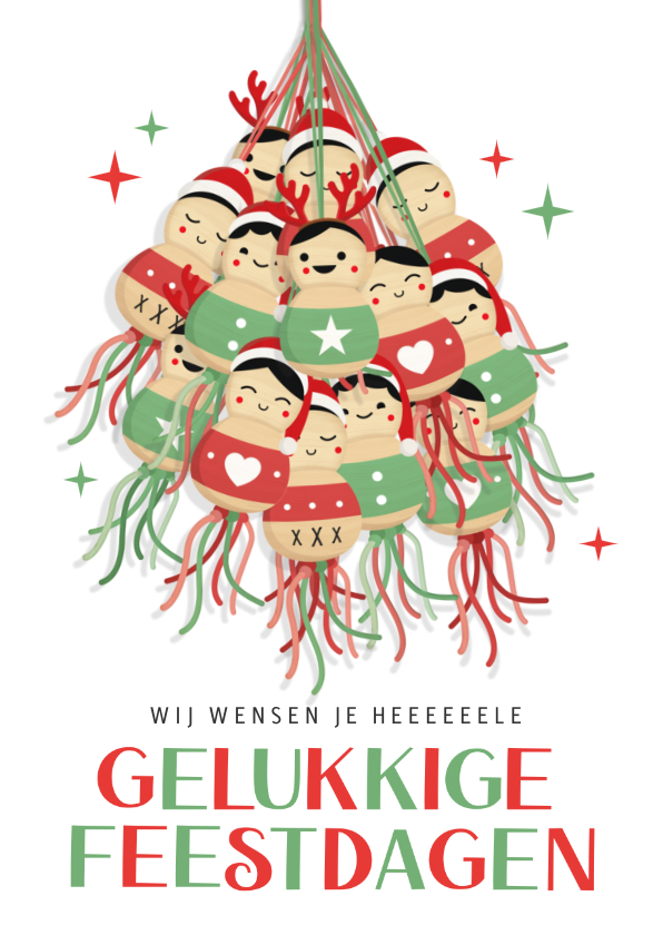 Kerstkaarten - Grappige geluks kerstkaart met een tros gelukspoppetjes