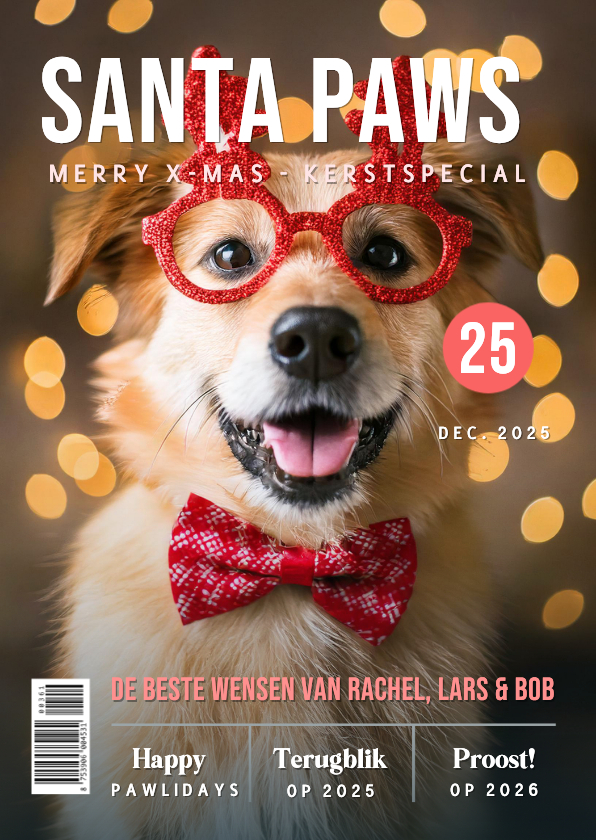 Kerstkaarten - Grappige huisdier kerstkaart hond kat in tijdschrift stijl