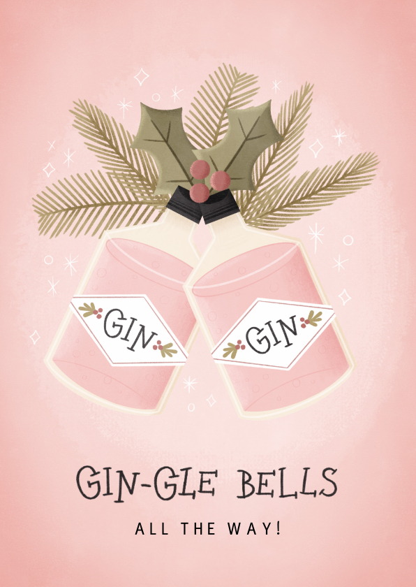 Kerstkaarten - Grappige kerstkaart Gin-gle Bells met Ginflessen en takjes