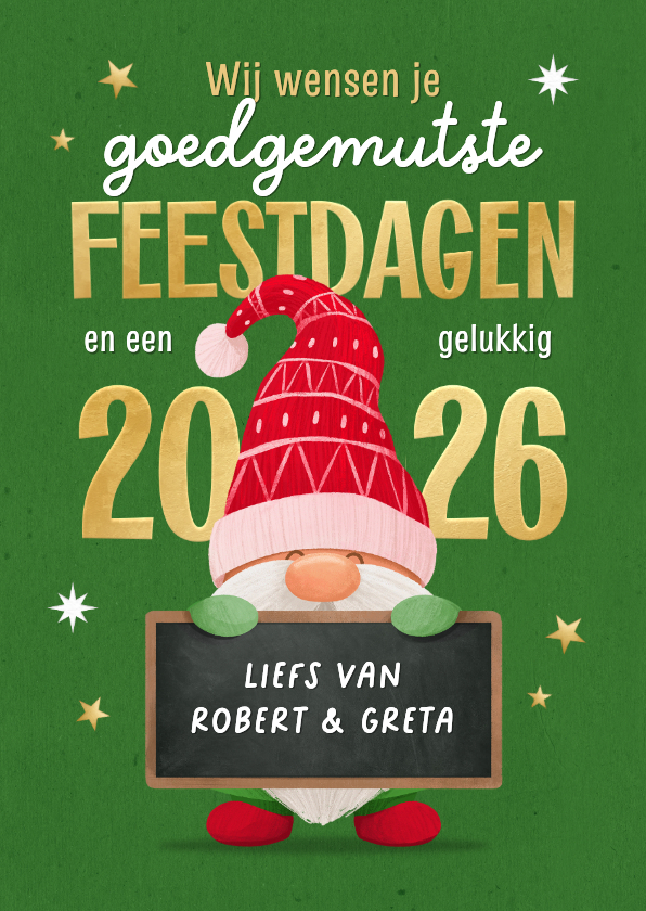 Kerstkaarten - Grappige kerstkaart goedgemutste kabouter 2026 feestdagen