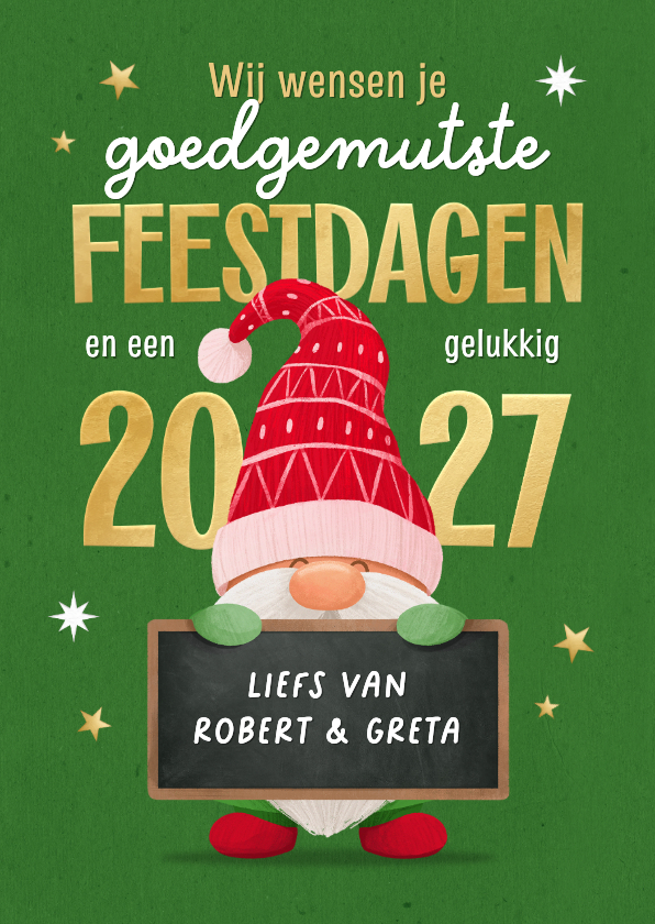 Grappige kerstkaart goedgemutste kabouter 2027 feestdagen - Kerstkaarten Kerstkaarten - Grappige kerstkaart goedgemutste kabouter 2027 feestdagen