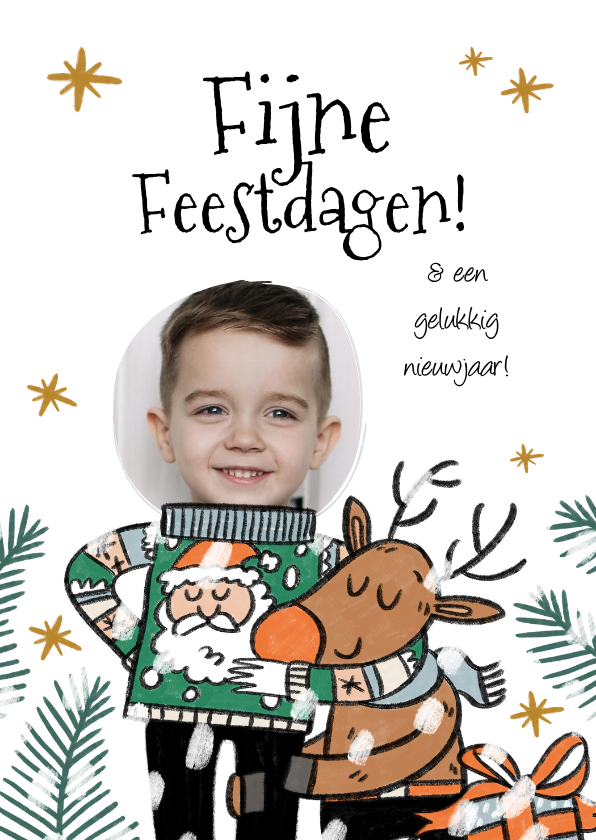 Kerstkaarten - Grappige kerstkaart illustratie kersttrui rendier cadeaus