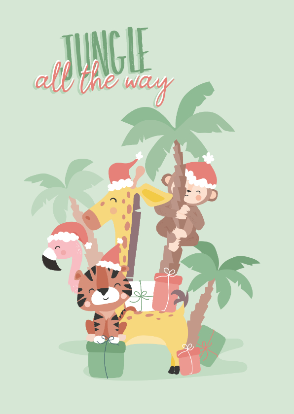 Kerstkaarten - Grappige kerstkaart jungle all the way met illustratie