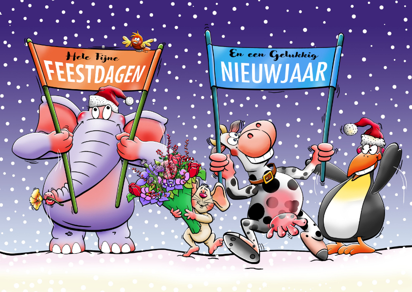 Grappige kerstkaart met diverse dieren in 2027 - Kerstkaarten Kerstkaarten - Grappige kerstkaart met diverse dieren in 2027