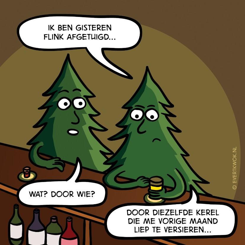 Grappige kerstkaart met kerstbomen aan de bar - Kerstkaarten Kerstkaarten - Grappige kerstkaart met kerstbomen aan de bar